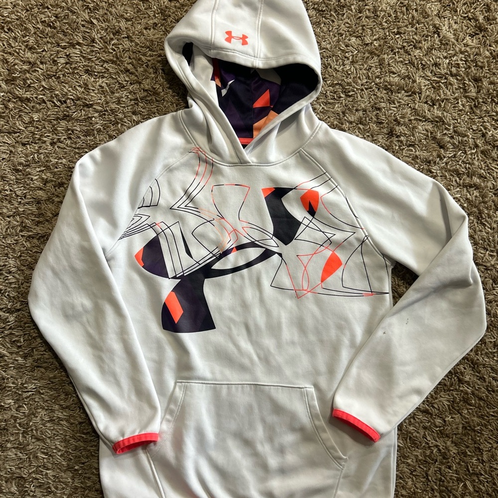 Under Armour White Hoodie with Abstract Orange and Black and Purple Design YLG